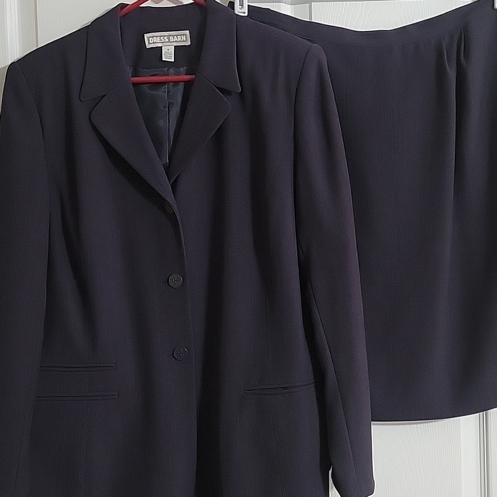Dress Barn Navy Skirt Suit Set Long Blazer Tailored Career Wear Classic Size 16